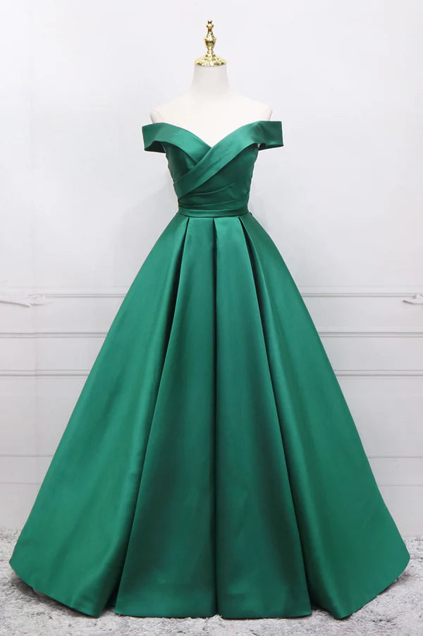 Wholesale Green Satin Long A-Line Prom Dress V-Neck Off the Shoulder Evening Dress